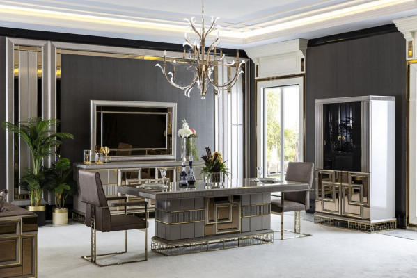 Elegant Dining room Set Gray Dining table 4x Chairs Sideboard Mirror 8pcs.