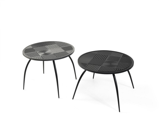 Original black round coffee table with carved table top