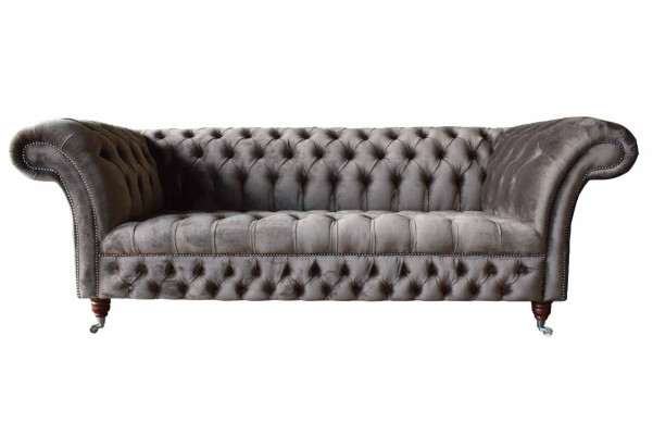 English Chesterfield Sofa Couch Office Furniture Three Seat Velvet 230cm Taupe