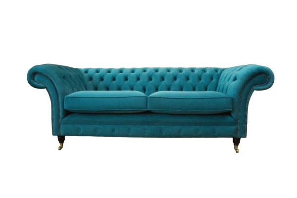 Chesterfield Three Seater Blue Fabric Living room Design Upholstery Sofa
