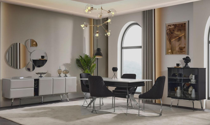 Luxury Dining room Black Gray Dining table 6x Chairs Sideboard Dining set 9pcs.