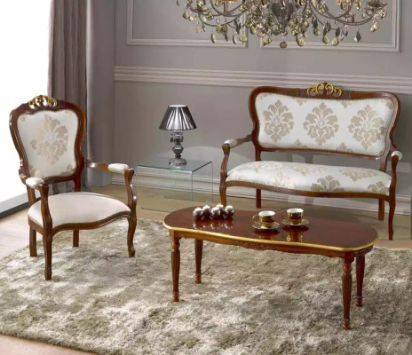 Classic seating set Two-seater Armchair Coffee table Designer wooden furniture
