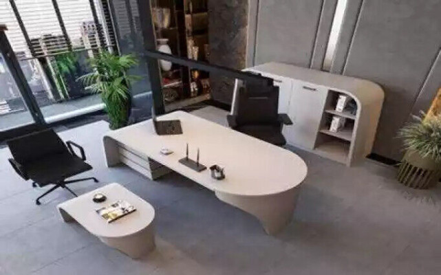 White Office Set Chef Desk Oval Coffee table Filing cabinet Shelf 3pcs.