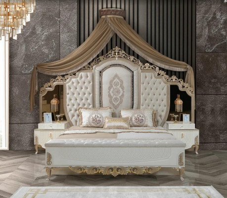 Bedroom Set Bed with Stool 2x Bedside tables Luxury new 4-piece Design Wood