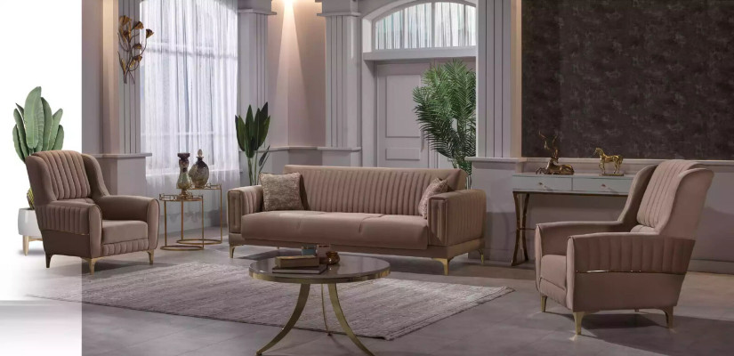 Beige Upholstery sofa set Designer 3+1+1 Seater Couches Armchair 3-piece set