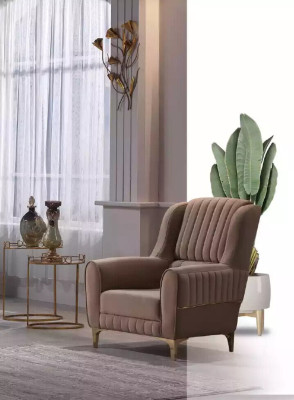 Brown Textile Armchair Luxury Living Room Single Seater Wooden Frame Modern