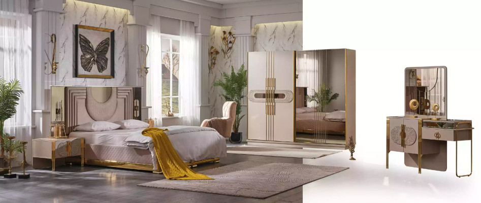 Beige Bedroom Set Bed 2x Bedside tables Wardrobe Dressing table