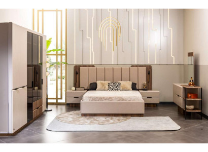 Double bed Suite Bedside tables Beige Fabric 5-piece make-up Wardrobe Bed