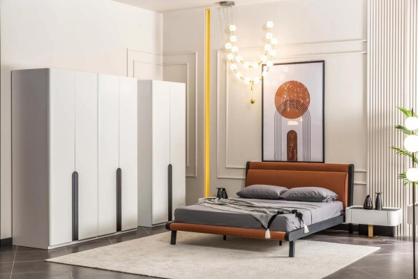 Bedroom furniture Double bed Bed Bedside tables Orange wardrobe set 5 pieces