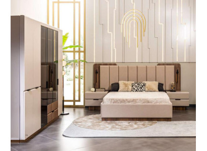 Luxury Double bed Suite Bedroom Bedside tables 4-piece Beige Wardrobe