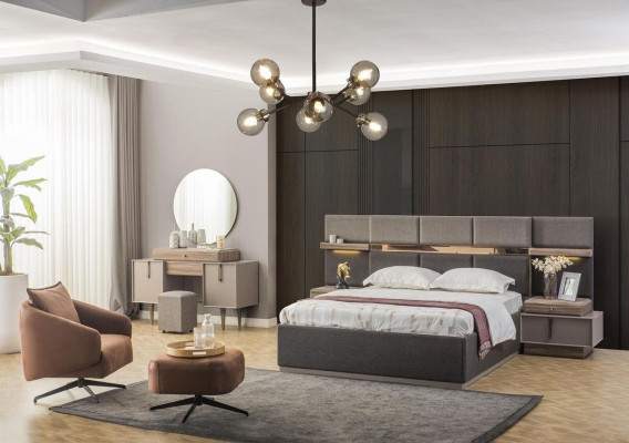 Bedroom Complete e Double bed Bed Bedside tables Console 6pcs Gray