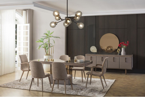 Luxury dinette Dining room Dining table Dining set Chairs Gray Wood Set 9 pieces