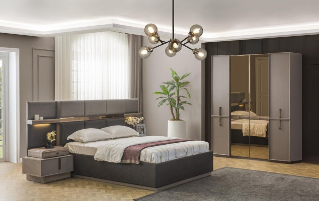Double bed Complete e Bedroom Bed 4pcs Gray Bedside tables Wardrobe