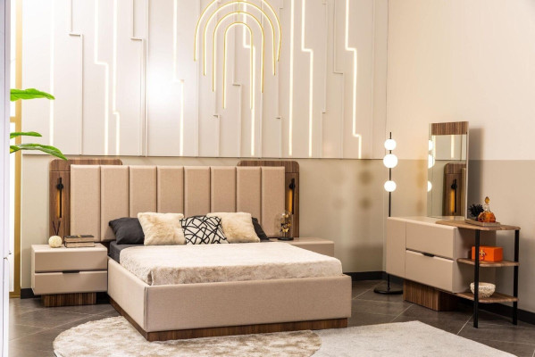 Bedroom Suite Double bed Bedside tables Beige Fabric 4-piece make-up