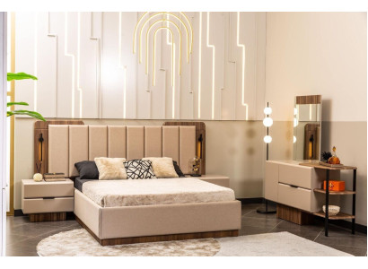 Bedroom Suite Double bed Bedside tables Beige Fabric 4-piece make-up