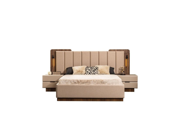 Bedroom Suite Double bed Bedside tables Beige Fabric 4-piece make-up