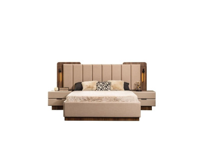 Complete e Bedroom Double bed Bed Bedside tables Beige Fabric 3pcs