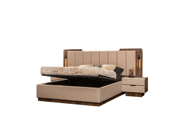 Complete e Bedroom Double bed Bed Bedside tables Beige Fabric 3pcs