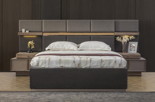 Complete e Bedroom Double bed Set 3-piece Bed Bedside tables Gray Fabric