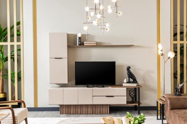Wall unit TV stand wall cabinet TV cabinet lowboard beige wood shelves