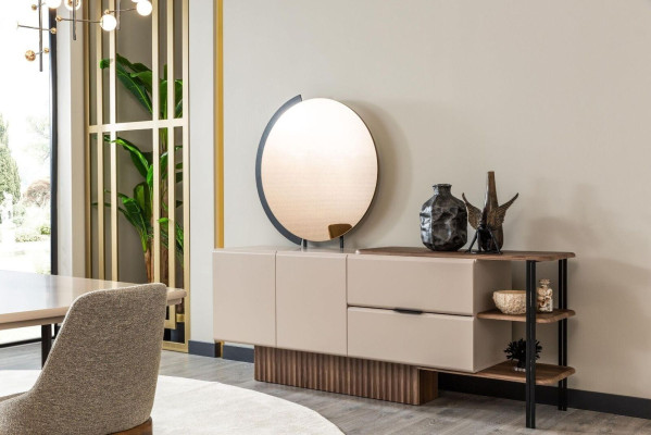 Suite Sideboard with Mirror Beige Wooden Cabinet Wardrobe Wood Design
