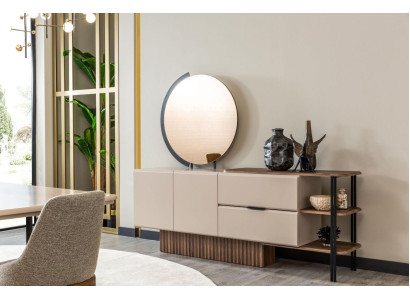 Suite Sideboard with Mirror Beige Wooden Cabinet Wardrobe Wood Design