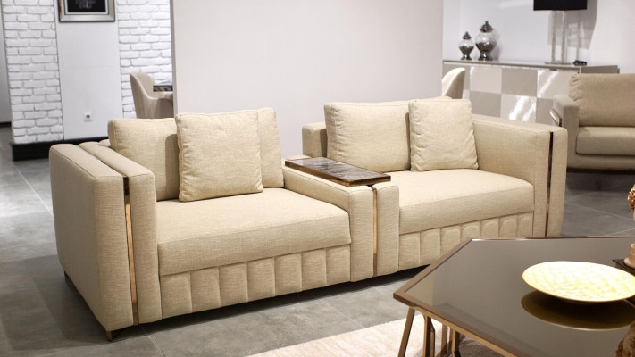 Modern Living room Sofa Two-seater Beige Textile Upholstery Furniture Furnishings Design