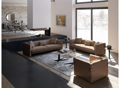 Living room 7pcs Brown 2x Sofas Modern Armchair with Coffee table Luxury Furnishings