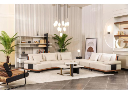 Suite Corner sofa L-shape Armchair Fabric sofa Coffee tables Upholstered sofa Beige