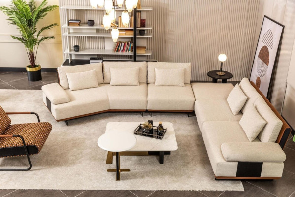 Suite Corner sofa L-shape Armchair Fabric sofa Coffee tables Upholstered sofa Beige