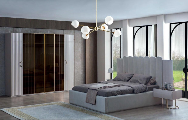 Modern Gray Bedroom Furniture Designer Double bed Wardrobe 4pcs