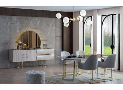 Stylish gray and white dining room furniture luxury dining table 4x textile chairs 6 pieces