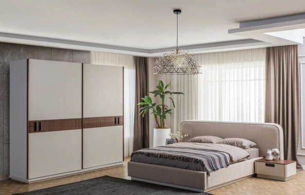 Large Beige Textile Double bed Wood Wardrobe Modern Bedside tables