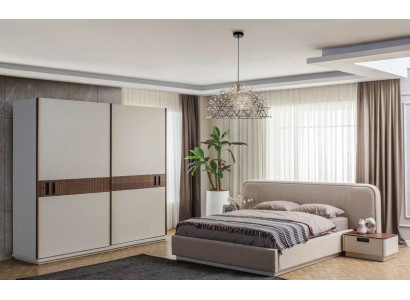 Large Beige Textile Double bed Wood Wardrobe Modern Bedside tables