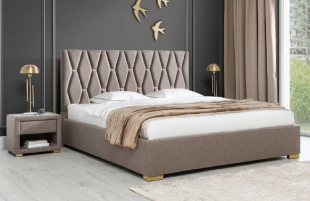 Brown Textile Bed Designer Upholstery Bedside tables Bedroom Furniture 3pcs