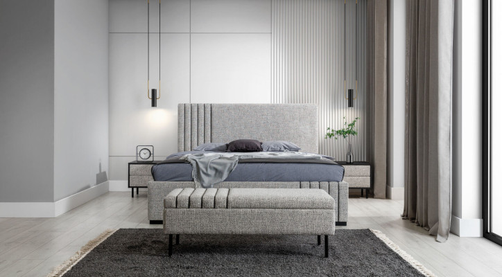 Light gray Bedroom Furniture Designer textile bed 2x Bedside tables Stool