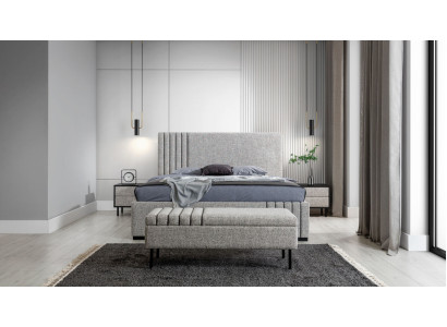 Light gray Bedroom Furniture Designer textile bed 2x Bedside tables Stool