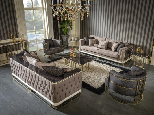 Living room Set Brown Sofa set 2x Armchair Elegant Furniture Metal 7pcs.