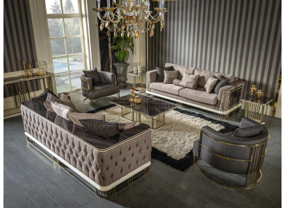 Living room Set Brown Sofa set 2x Armchair Elegant Furniture Metal 7pcs.
