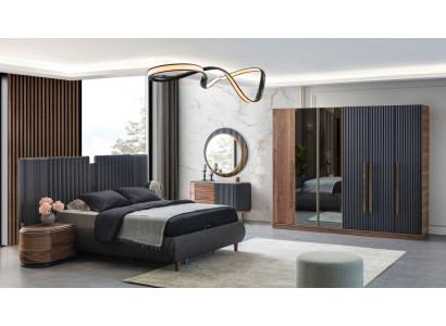 Black -Beige Bedroom Suite Designer Double bed 2x Bedside tables