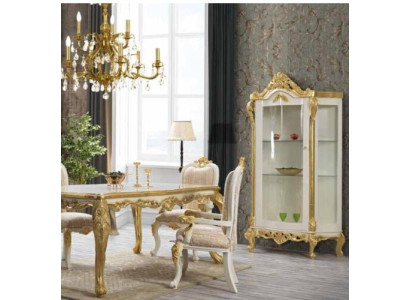 Luxurious dining room chair in beige-white tones with gold inserts, classically designed