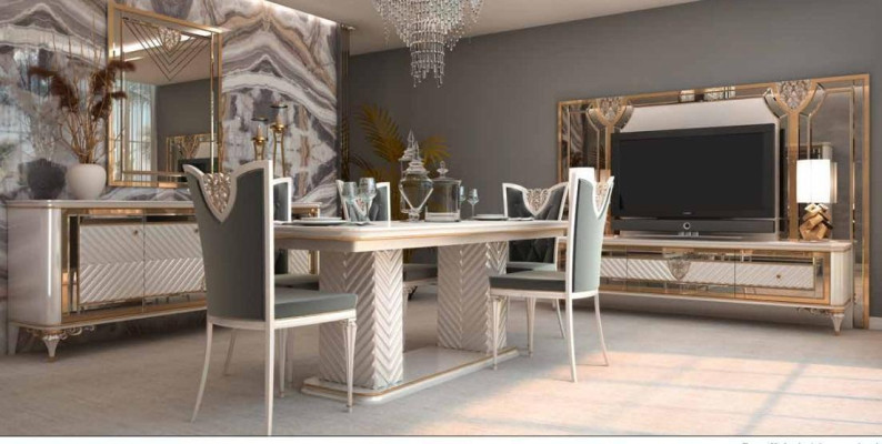 Stylish dining room chair in gray and white tones with a baroque design