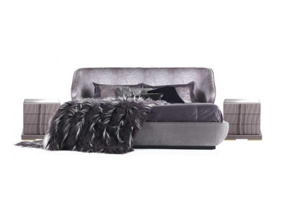 Gray Bedroom Set Bed 2x Bedside tables Designer Double bed Wood 3pcs