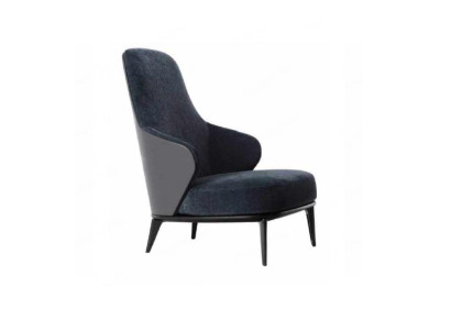 Elegant armchair with dark gray armrests made from natural wood in a modern style