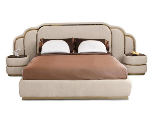 Beige Bedroom Furniture Bed 2x Bedside tables Wood Suite Luxury Set 3pcs