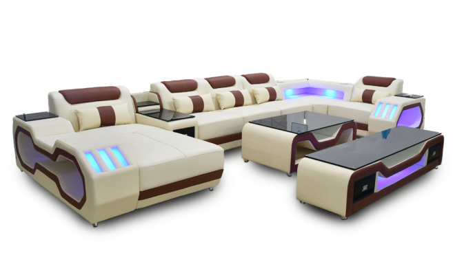 Living room set Corner sofa U-shape beige Coffee table TV stand Upholstery Illuminated