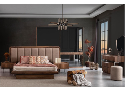 Luxury Brown Bedroom Set Bed 2x Bedside tables Wardrobe Modern