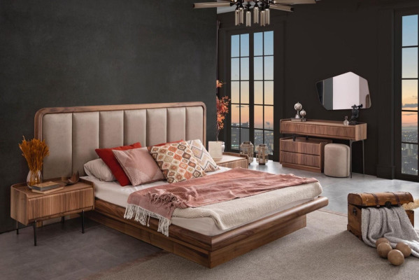 Luxury Brown Bedroom Set Bed 2x Bedside tables Wardrobe Modern