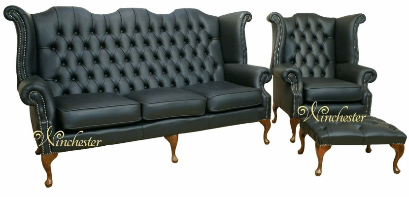 Black Chesterfield Leather Sofa Couch Upholstery Suite 3+1 Seater Wing Chair
