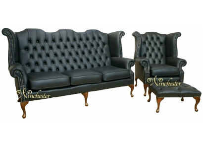 Black Chesterfield Leather Sofa Couch Upholstery Suite 3+1 Seater Wing Chair